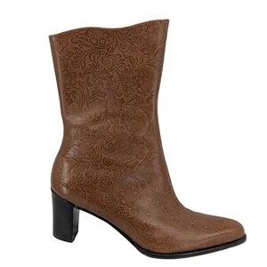 A. Marinelli Archer Brown Tooled Leather Floral Mid Calf Boots 7.5 M Brazil Made